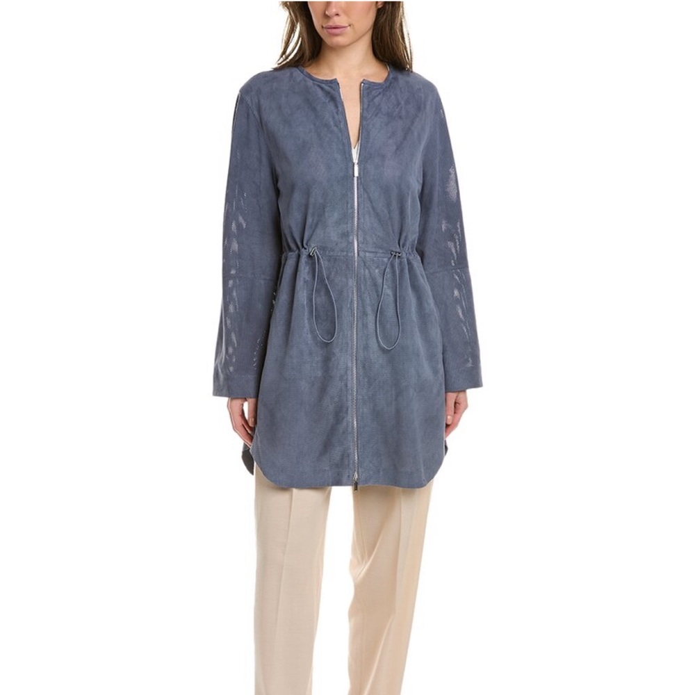 Lafayette 148 New York Lush Kaplan Suede Performance Blue Zip-Up Long Jacket